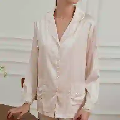 弗利少女 冰丝高级缎感翻领薄款春秋可外穿长袖长裤家居服睡衣套装 女款 浅香槟
