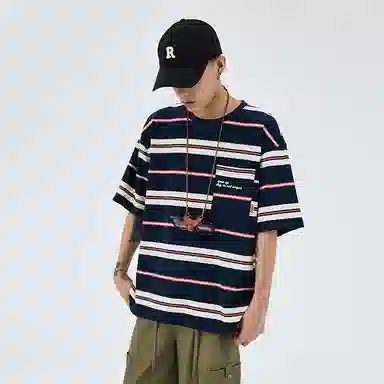 BENMYSHOWER Rainbow Stripe T-Shirt Navy
