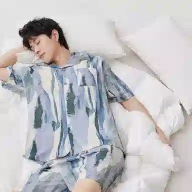 安之伴 夏季男士短袖开衫套装艺术风柔软透气家居服 家居套装 男款 柏林蓝