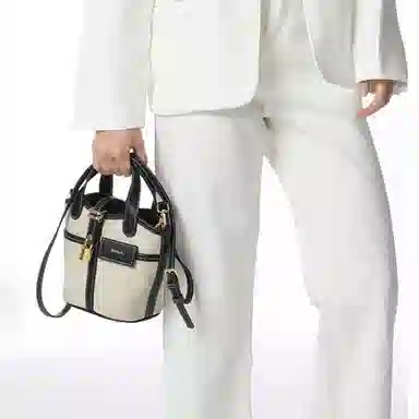 莫西里里 拼色拉链开合 帆布 水桶包菜篮子包手提单肩斜挎包 小号 女款 白色/黑色