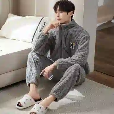 小情歌 珊瑚绒睡衣 冬季 加厚加绒保暖御寒家居服 男款  灰色
