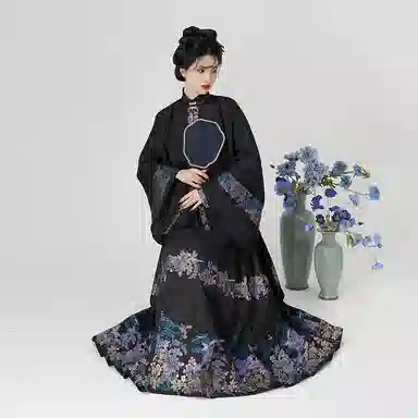 织造司 曲径幽兰 原创立领琵琶袖短袄通勤马面裙秋冬日常明制汉服 女款 黑色