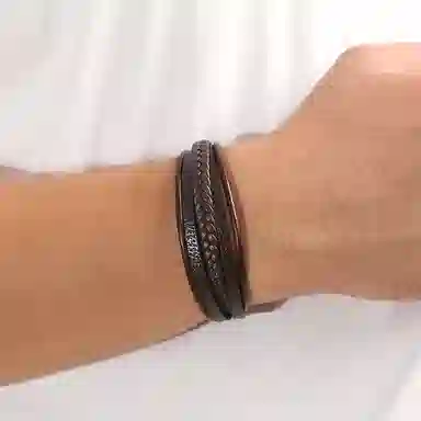 若觅 皮革编 黑色 深棕色 皮革 手环 手链 男款