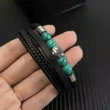 肯默钛钢爱心手链 朋克风手环 多层编织皮 简约磁吸开口 男款