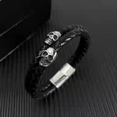 肯默钛钢骷髅头手链 朋克风手环 双层编织皮 简约磁吸开口 男款