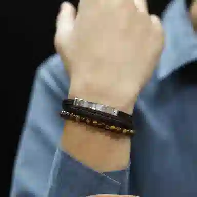 肯默钛钢嘻哈手链  朋克风手环 多层编织皮 简约磁吸开口 男款