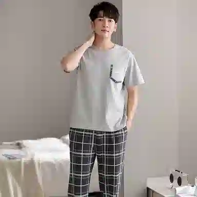棉基因 纯棉短袖长裤睡衣 圆领休闲家居服套装 春夏季 男款 浅灰