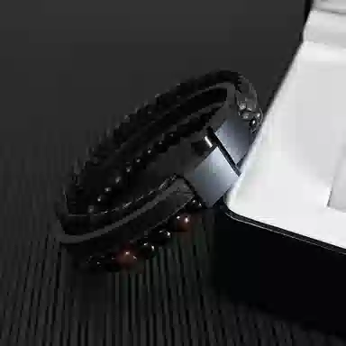 肯默多层皮绳手链 朋克风手环 编织皮  钛钢简约磁吸开口 男款