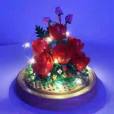 哲高积木 经典系列 玫瑰永生花带防尘罩+灯光 发光 积木 礼物