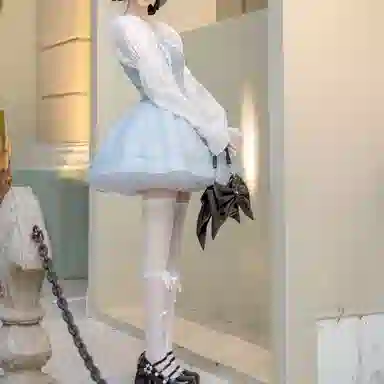 兔半眠 短款蓬蓬高腰长袖连衣裙制服 女款 天蓝色