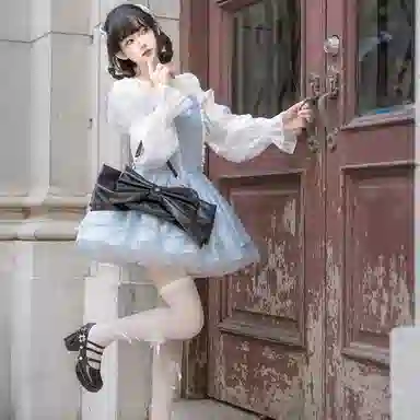 兔半眠 短款蓬蓬高腰长袖连衣裙制服 女款 天蓝色