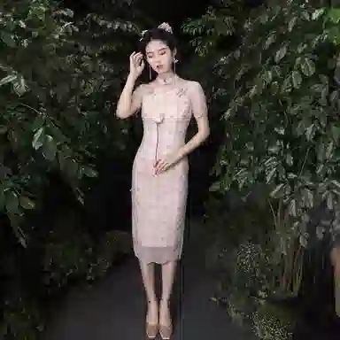 槿爷东方 燕脂 中式花卉刺绣网纱短袖旗袍 女款 烟粉色
