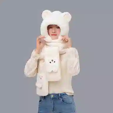 肯默 可爱兔子秋冬毛绒保暖拼色连帽三合一设计 绒线围巾 女款