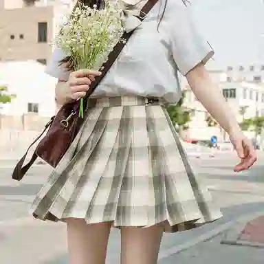兔半眠 格纹短款百褶制服裙装制服 女款 浅绿色
