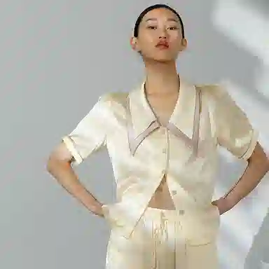 桑罗  真丝睡衣套装轻法式双层大尖领纯色青春活力学院风 家居套装 女款