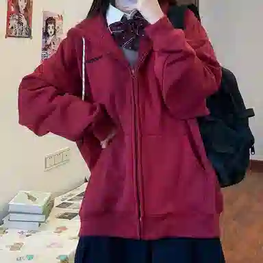 东鲸岁时记 纯色拉链宽松字母刺绣加绒开衫连帽卫衣 女款