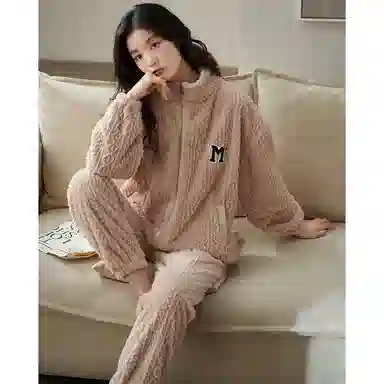 小情歌 珊瑚绒情侣睡衣 冬季 加绒加厚保暖御寒家居服 女款  粉色