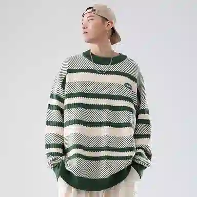 拼接撞色提花条纹皮标圆领套头加厚落肩宽松毛衣 男女同款