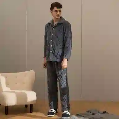 芬腾 睡衣珊瑚绒秋冬季法兰绒加厚长袖可外穿休闲大码家居服套装 男士 灰兰