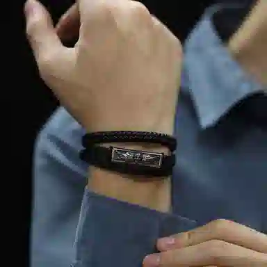 肯默 钛钢骷髅羽翼手链 朋克风手环 编织皮手镯 简约磁吸开口 男款