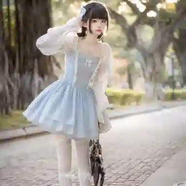 兔半眠 短款蓬蓬高腰长袖连衣裙制服 女款 天蓝色