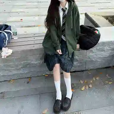 东鲸岁时记 纯色拉链宽松字母刺绣加绒开衫连帽卫衣 女款