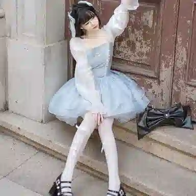 兔半眠 短款蓬蓬高腰长袖连衣裙制服 女款 天蓝色