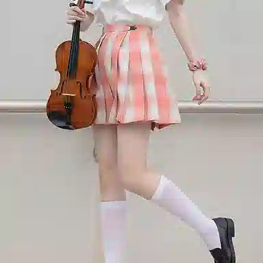 兔半眠 格纹百褶半身短款制服裙装 橙色