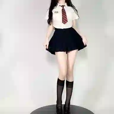 九条喵 徽章收腰修身短袖衬衫徽章领带纯色百褶半身裙制服套装 女款