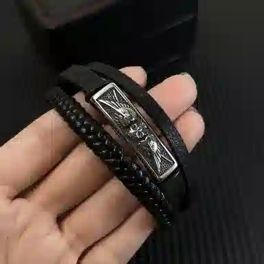 肯默 钛钢骷髅羽翼手链 朋克风手环 编织皮手镯 简约磁吸开口 男款