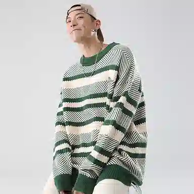 拼接撞色提花条纹皮标圆领套头加厚落肩宽松毛衣 男女同款
