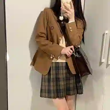 东鲸岁时记 纯色单排扣长袖外套格纹短款半身裙制服套装 女款