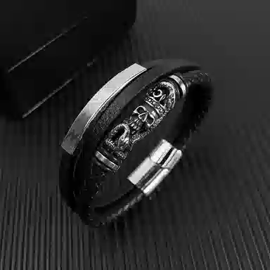 肯默钛钢骷髅皇冠手链   朋克风手环 多层编织皮   简约磁吸开口 男款