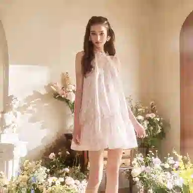 Three Quarters Floral Halter A-Line Dress Pink