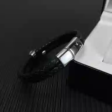 肯默钛钢骷髅头手链 朋克风手环 双层编织皮 简约磁吸开口 男款