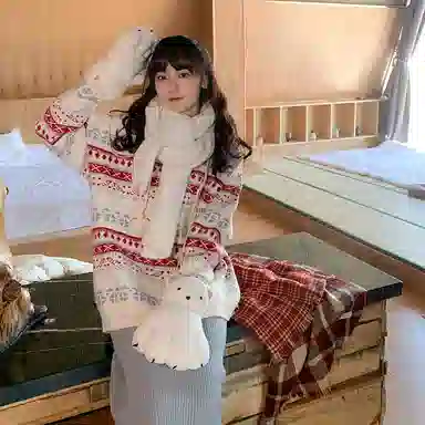 小镇姗姗 条纹连帽套头长袖针织衫 女款