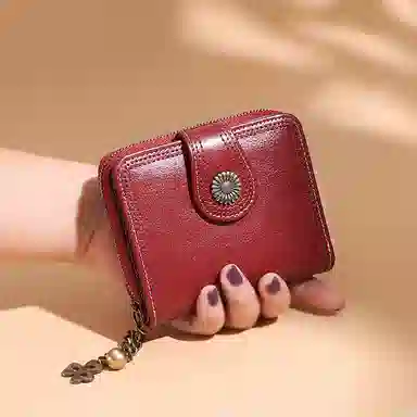 妙迪新款真皮短款女士折叠钱包 小众设计复古零钱包牛皮手拿包