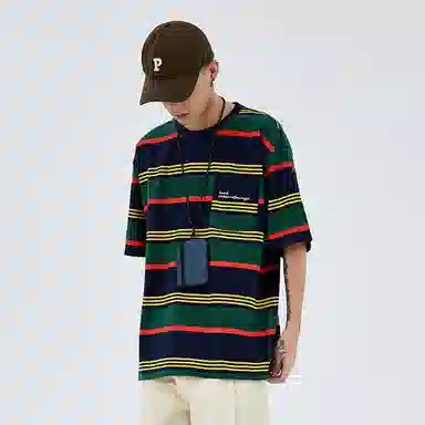 BENMYSHOWER Rainbow Stripe T-Shirt Navy
