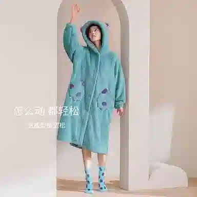 静韵 超柔软 迪士尼大眼仔珊瑚绒长款睡袍秋冬加绒睡衣女家居服
