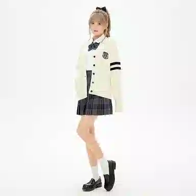 东鲸岁时记 撞色长袖针织开衫百褶格纹短裙制服套装 女款