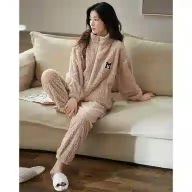 小情歌 珊瑚绒情侣睡衣 冬季 加绒加厚保暖御寒家居服 女款  粉色