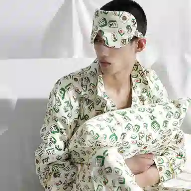 桑罗 国潮超好手气麻将印花真丝情侣睡衣套装男士 家居套装