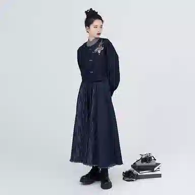 织造司 苍岚 牛仔汉元素圆领衫夹克外套改良毛边破裙原创唐制汉服 女款 深蓝色