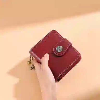 妙迪新款真皮短款女士折叠钱包 小众设计复古零钱包牛皮手拿包