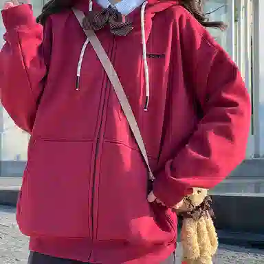 东鲸岁时记 纯色拉链宽松字母刺绣加绒开衫连帽卫衣 女款