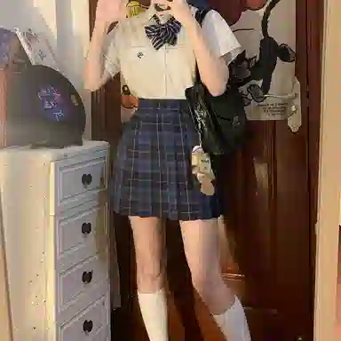 东鲸岁时记 日系复古制服格纹短款百搭学生百褶鲸落半身裙