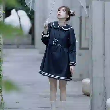 东鲸岁时记 条纹海军领长袖连衣裙 女款 藏青色