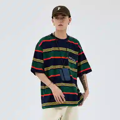 BENMYSHOWER Rainbow Stripe T-Shirt Navy
