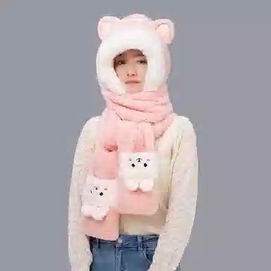 肯默 可爱兔子秋冬毛绒保暖拼色连帽三合一设计 绒线围巾 女款