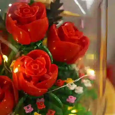 哲高积木 经典系列 玫瑰永生花带防尘罩+灯光 发光 积木 礼物